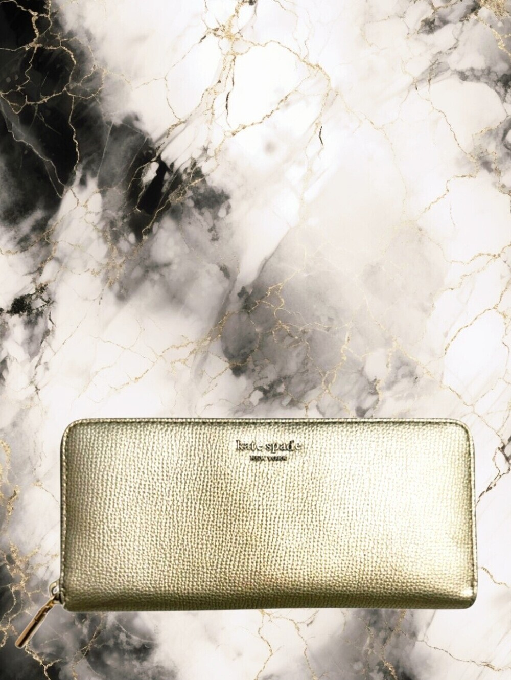 Kate Spade Gold Metallic Zip Around Large Wallet Continental Leather Organizer